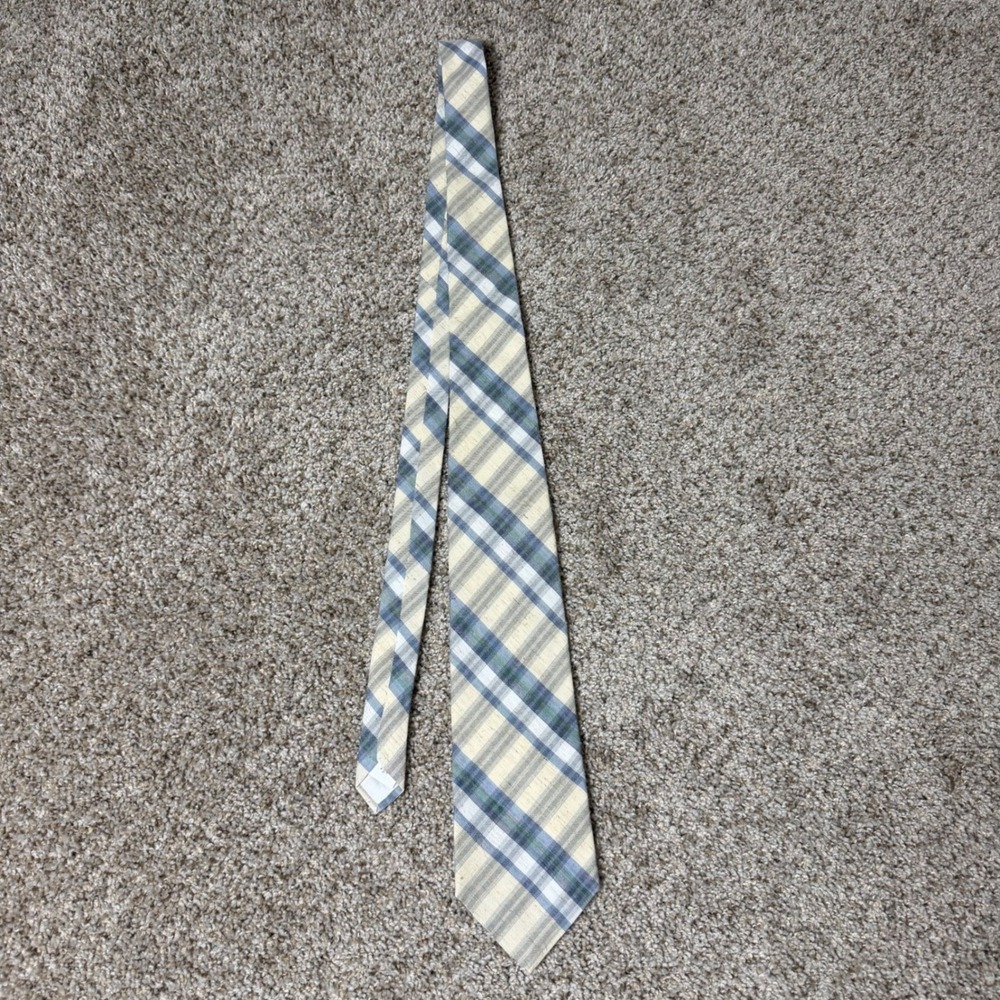 Vintage Plaid Linen Blend Tie Blue Cream Preppy Coastal Grandpa Style